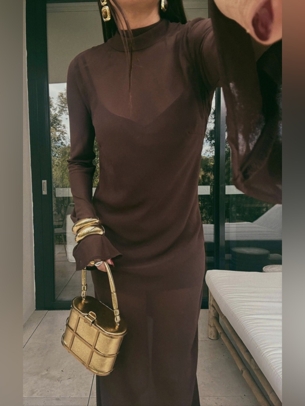 Show Me Your Mumu Brandi Maxi Dress size Small S brown mesh long sleeve NWOT